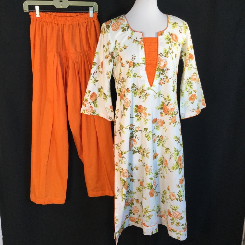 Modest Kurti Orange Floral Tunic Harem Pants Med